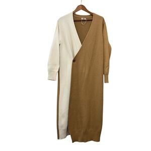 Prima Colorblock Camel Brown & Ivory Two-Toned Wrap Maxi Sweater Dress Size XL